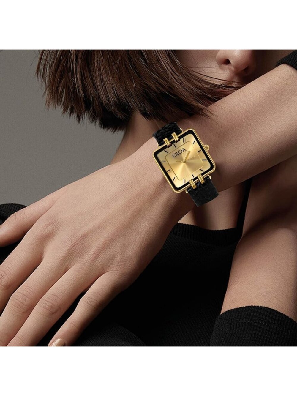 Women's Gold Leather Strap Classic Casual Fashion Square Dial Cute Wrist Watch - Picture 6 of 7